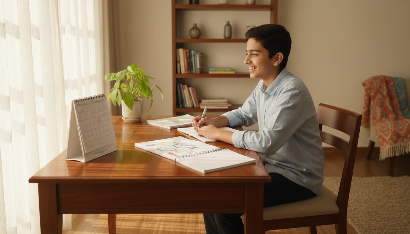 Photo Idea : A teenager at a desk with neat notebooks, a calendar, and a small plant — calm, focused study atmosphere