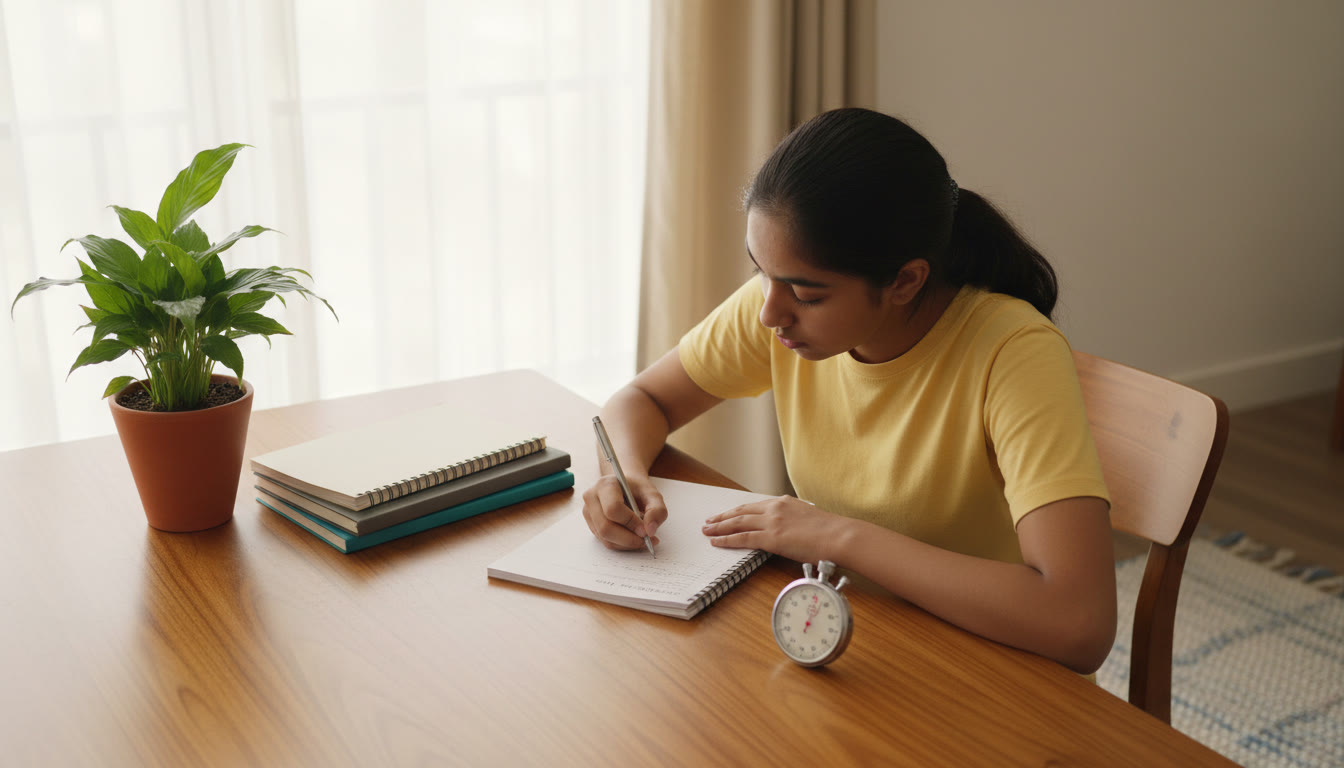 Photo Idea : A focused student at a desk doing a timed mock with a visible stopwatch and organized notebooks