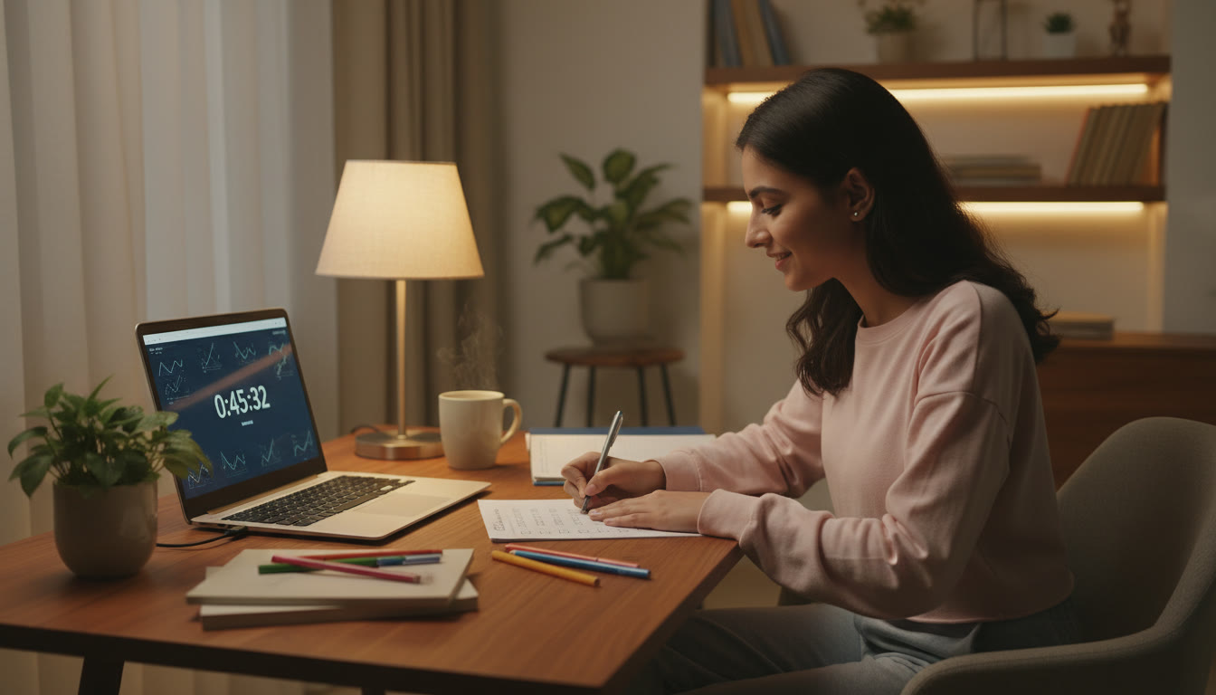 Photo Idea : Student at desk late in the evening, carefully annotating a short checklist with a laptop showing a mock-test timer