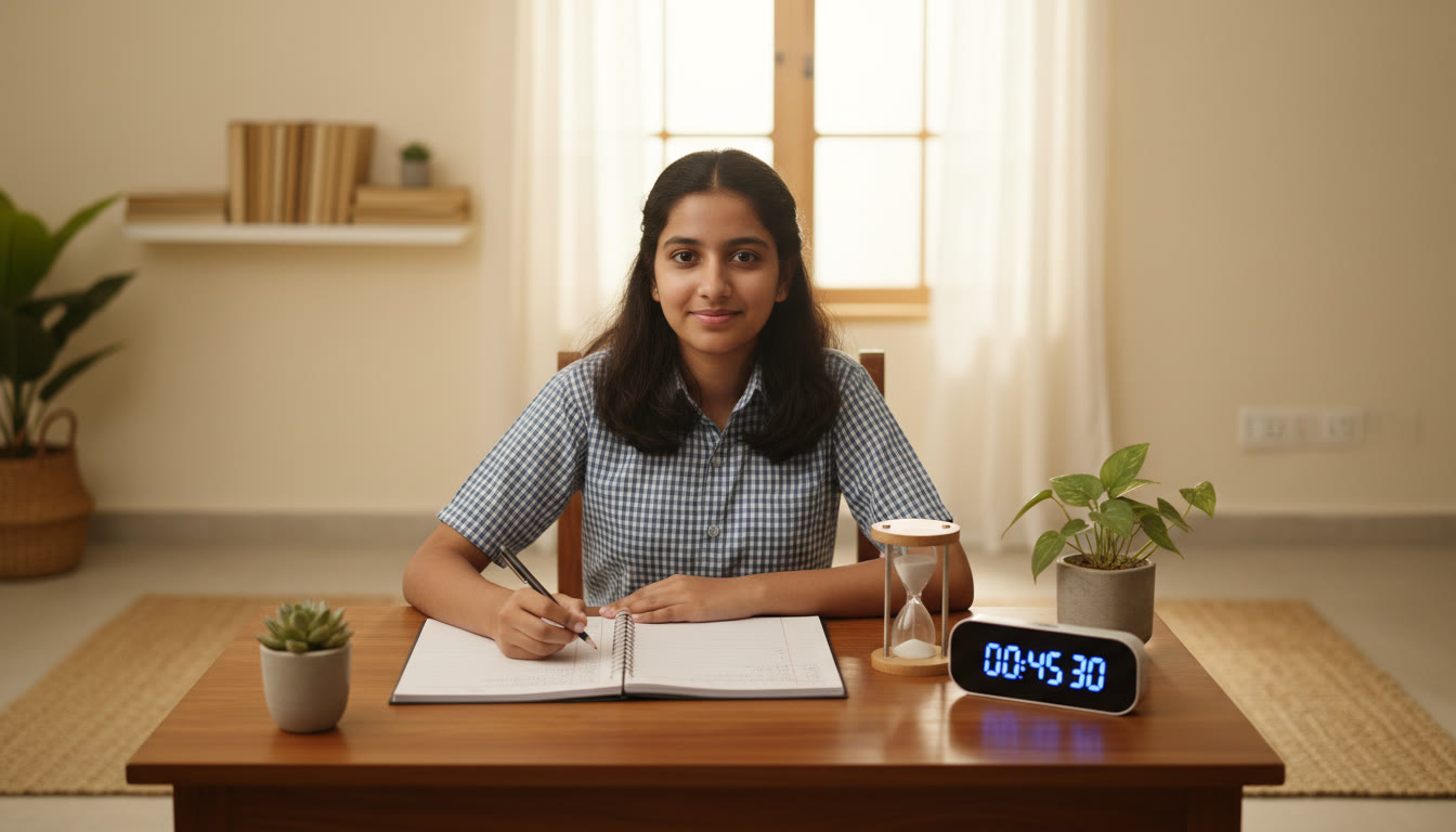 Photo Idea : Student sitting at a desk in exam conditions with timer and answer sheet