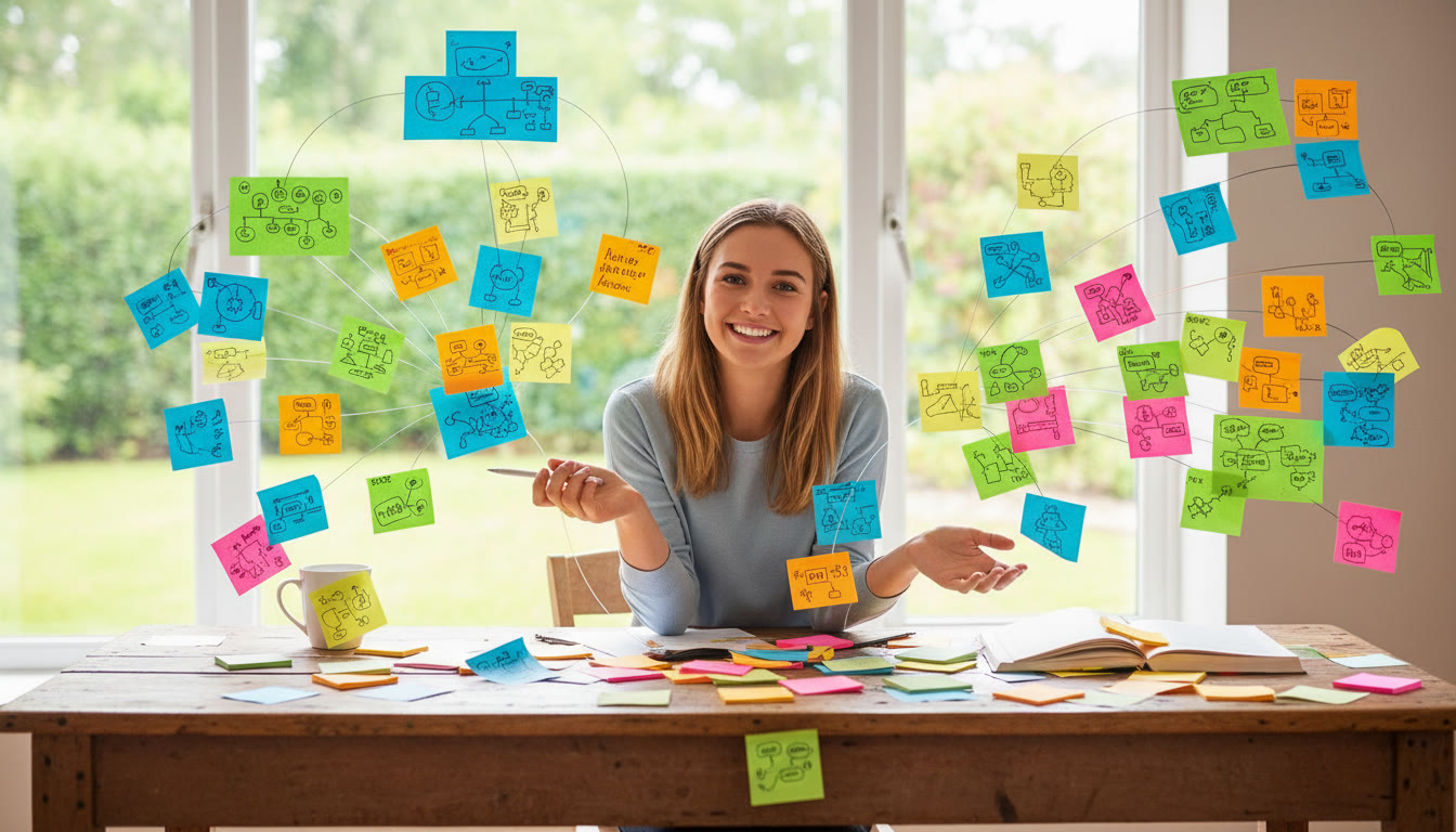 Photo Idea : A student at a desk surrounded by coloured sticky notes mapping knowledge questions and claims