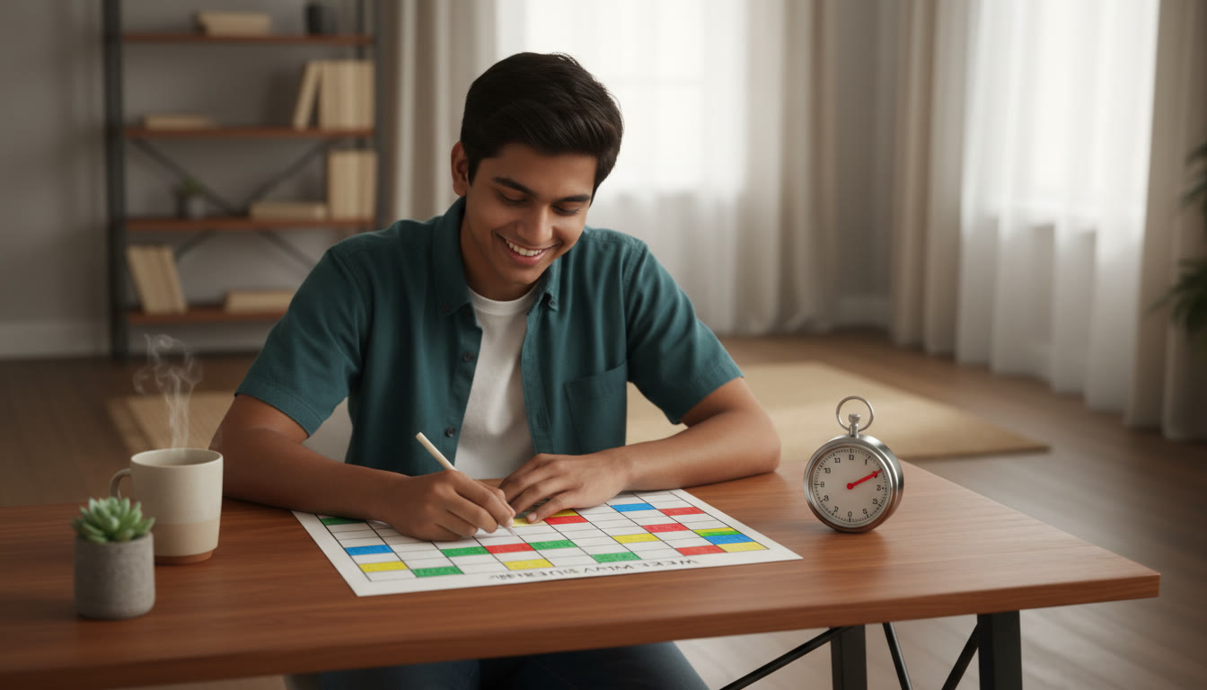 Photo Idea : Student at a desk with a colorful timetable and an analog timer