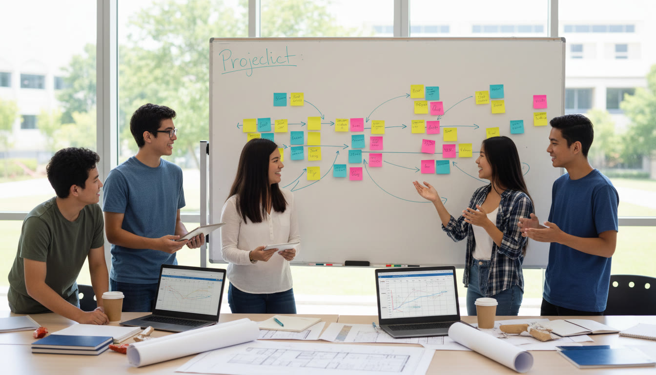 Photo Idea : Students clustered around a whiteboard mapping a CAS project timeline with sticky notes, laptops and printed plans