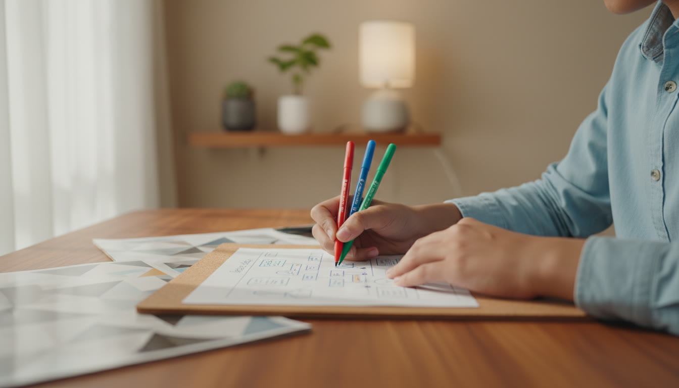 Photo Idea : Close-up of student annotating a one-page revision sheet with colored pens