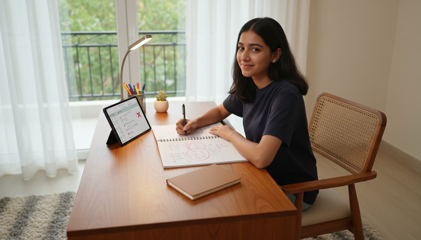 Photo Idea : A student using a notebook to note mistakes from a mock test, with a small error-log notebook visible