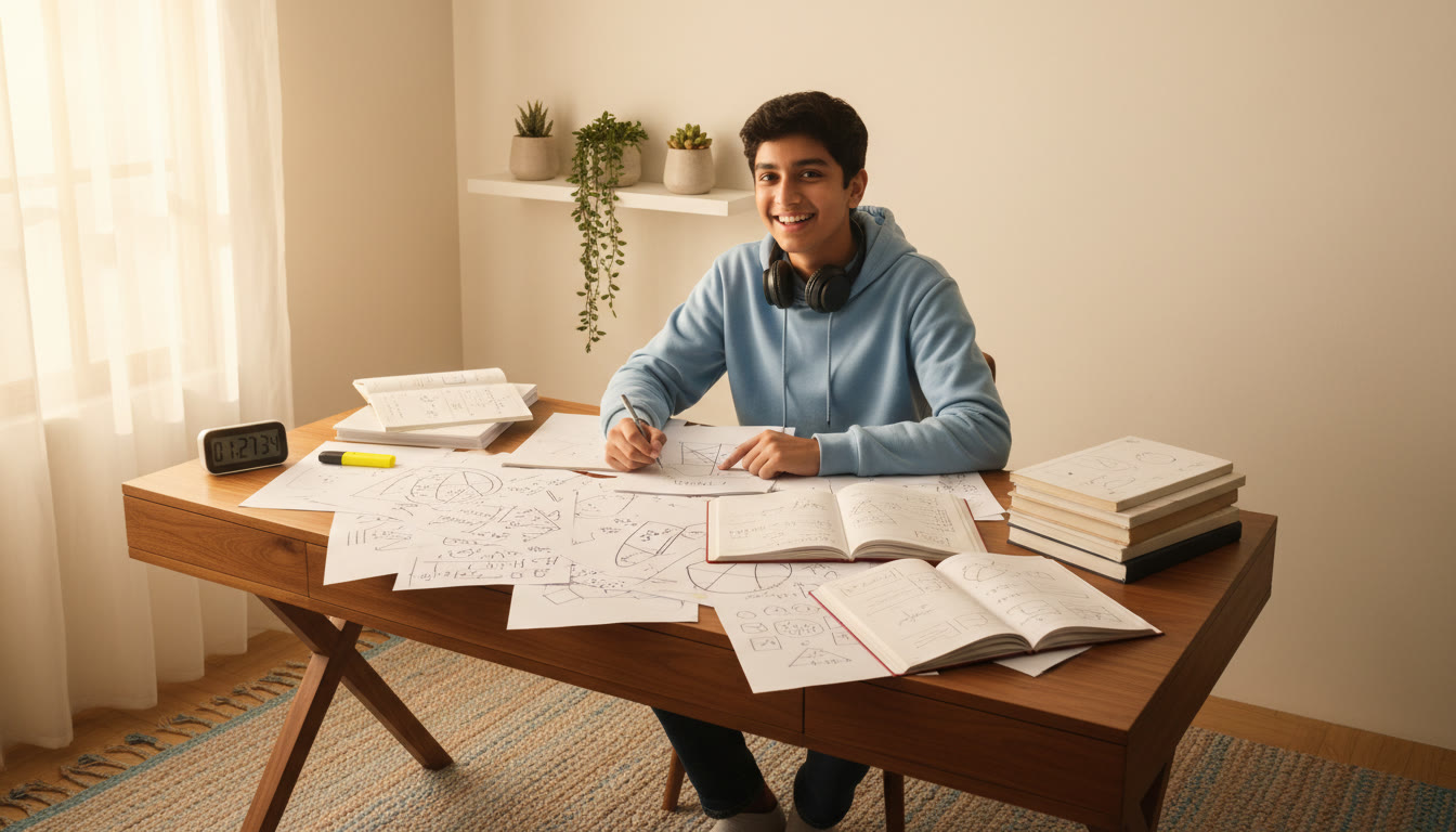 Photo Idea : Student at a study desk with annotated physics, chemistry, and biology notes spread out, a timer and highlighter visible