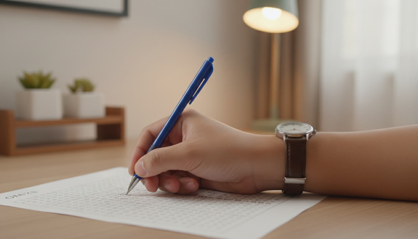 Photo Idea : Close-up of a student’s hand marking answers on an OMR sheet with a pen and a wristwatch nearby