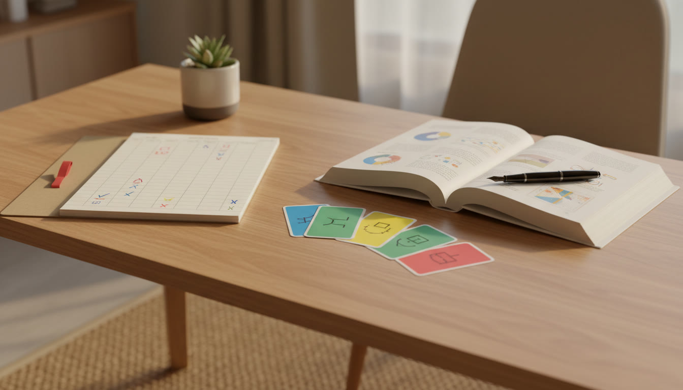 Photo Idea : A study spread showing colourful flashcards, a neat error log and an open reference book with a pen laid across
