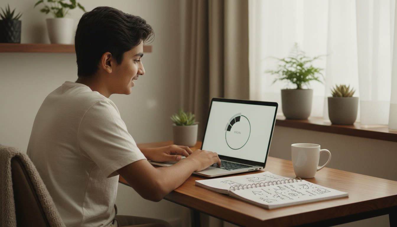 Photo Idea : Student concentrating on a laptop screen with a countdown timer and a notebook of solved PYQs beside them