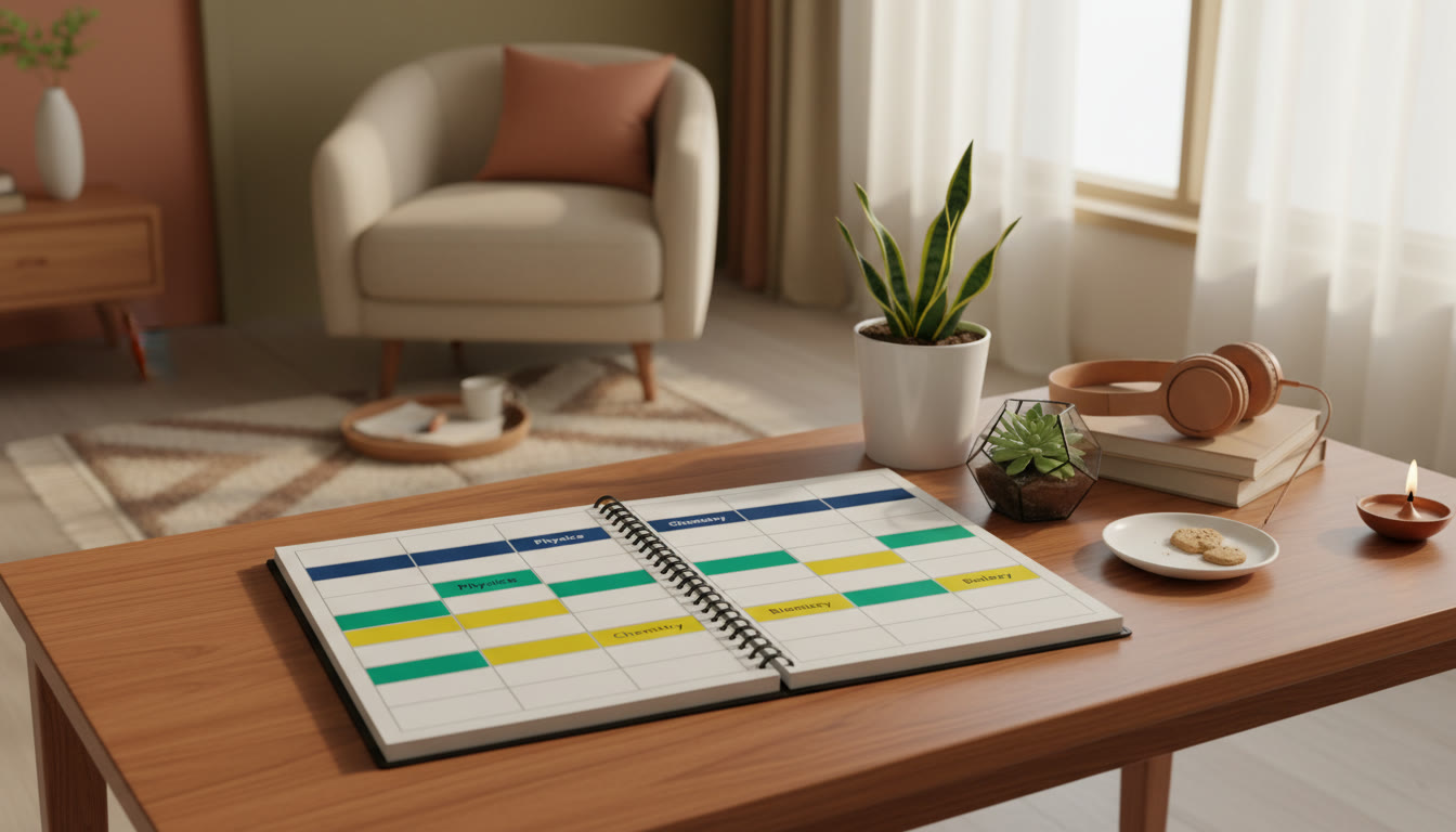 Photo Idea : A study planner spread showing color-coded blocks for Physics, Chemistry, and Biology