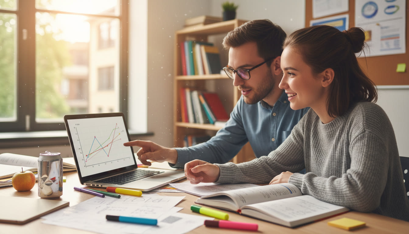 Photo Idea : A student and tutor looking at a laptop together, pointing at a graph, with notes and highlighters nearby