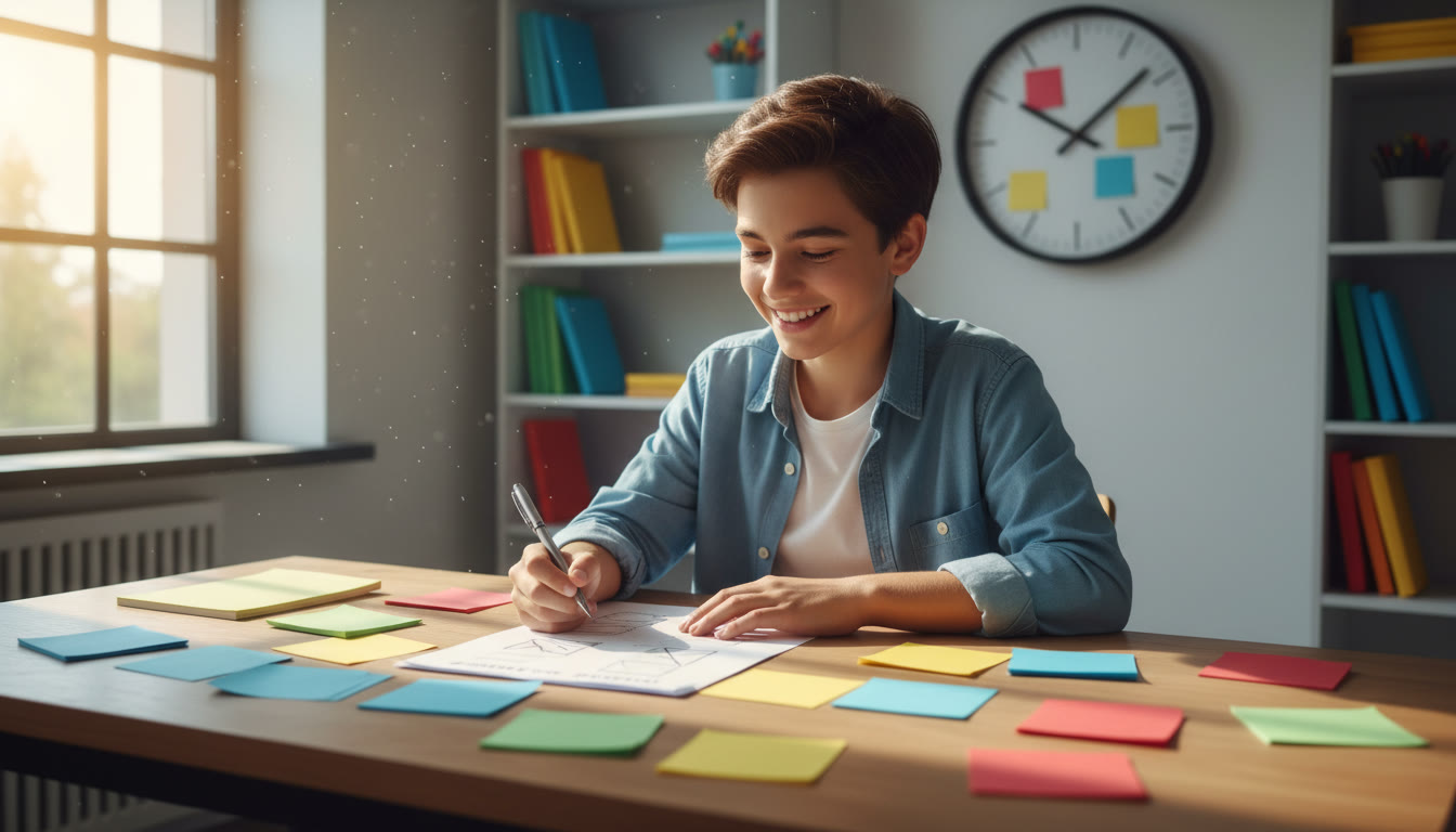 Photo Idea : Student at a desk surrounded by color-coded notes and an open past paper, with a clock in the background