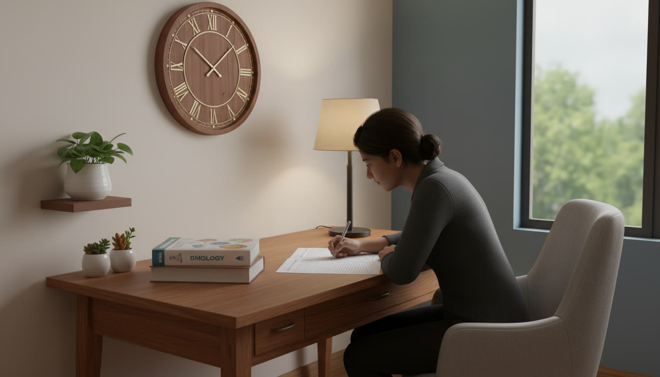 Photo Idea : a focused student at a study table with NEET books, a visible OMR sheet, and a wall clock showing time