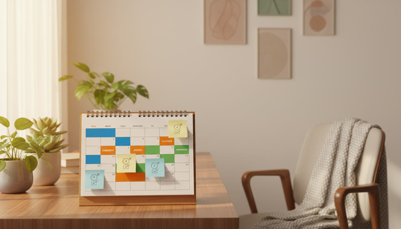 Photo Idea : A desk calendar with color-coded study blocks and sticky notes indicating mock-test days