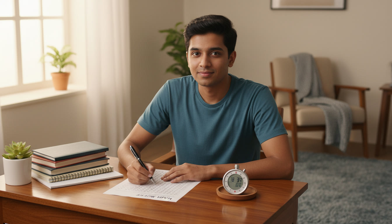 Photo Idea : Student taking a timed mock test at a desk with a stopwatch and a practice OMR sheet