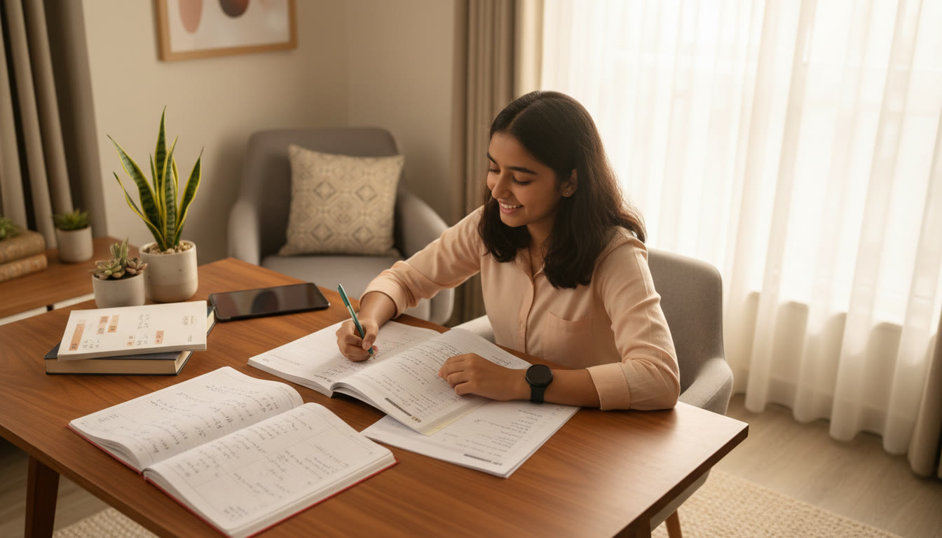 Photo Idea : A student at a desk taking a timed three-hour mock test, watch on wrist, notebooks open.