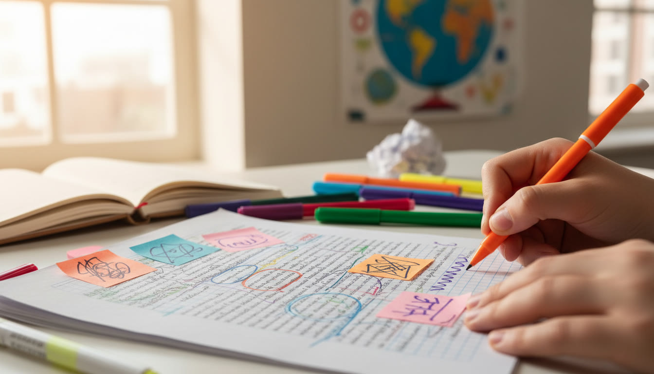 Photo Idea : Close-up of a student rewriting a printed essay with colored pens and sticky notes