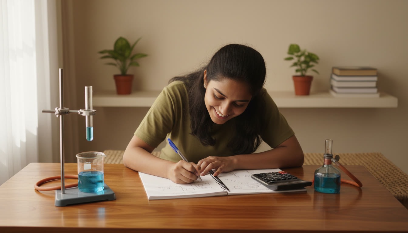 Photo Idea : A focused student writing in a neat practical record with labeled apparatus and a calculator on the desk