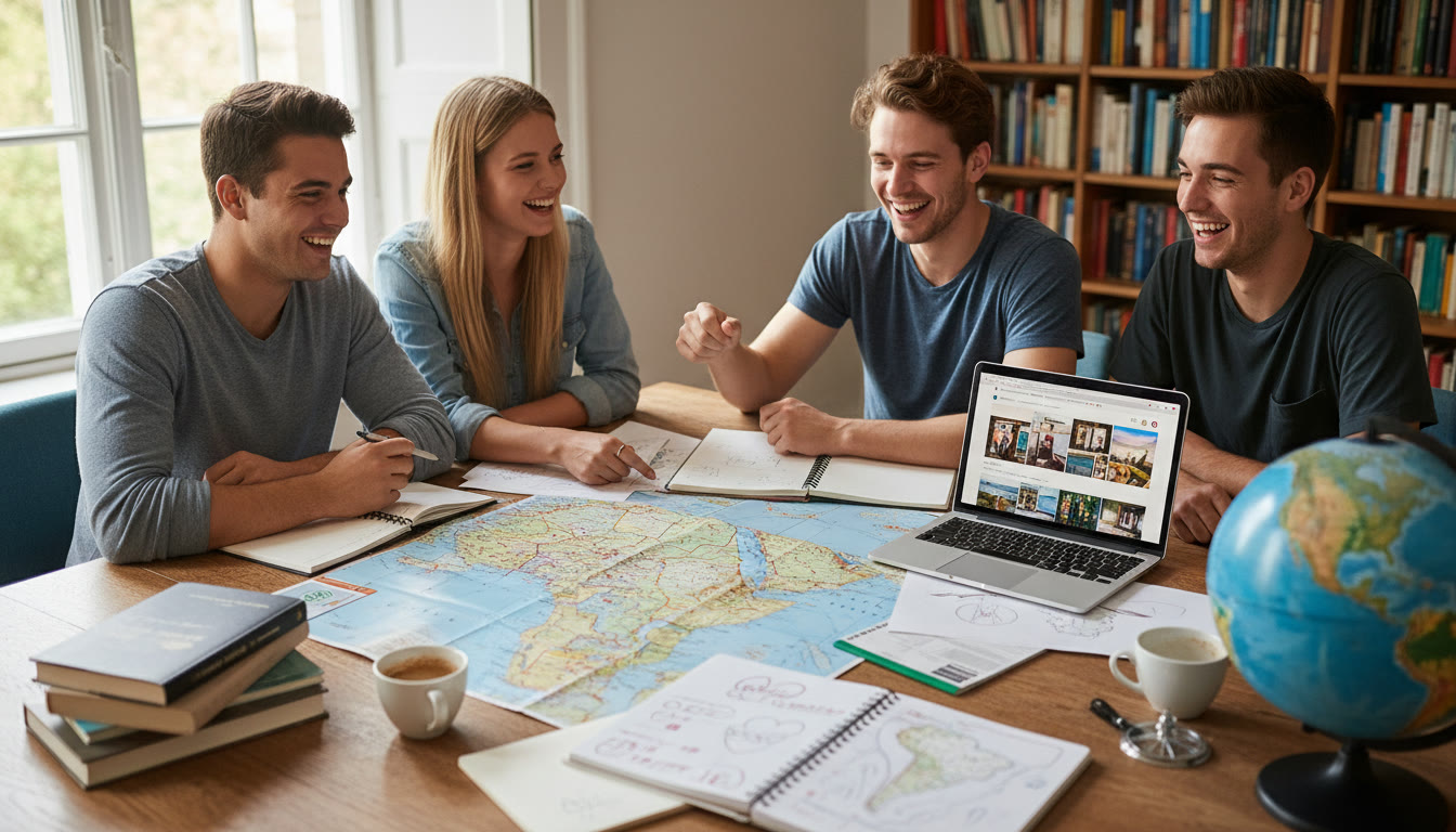 Photo Idea : IB students around a table with notebooks, maps and a laptop planning a gap year