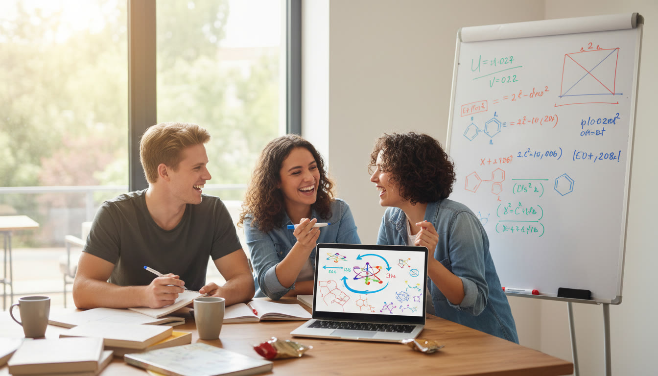 Photo Idea : A small study group around a laptop and whiteboard, annotating diagrams and equations