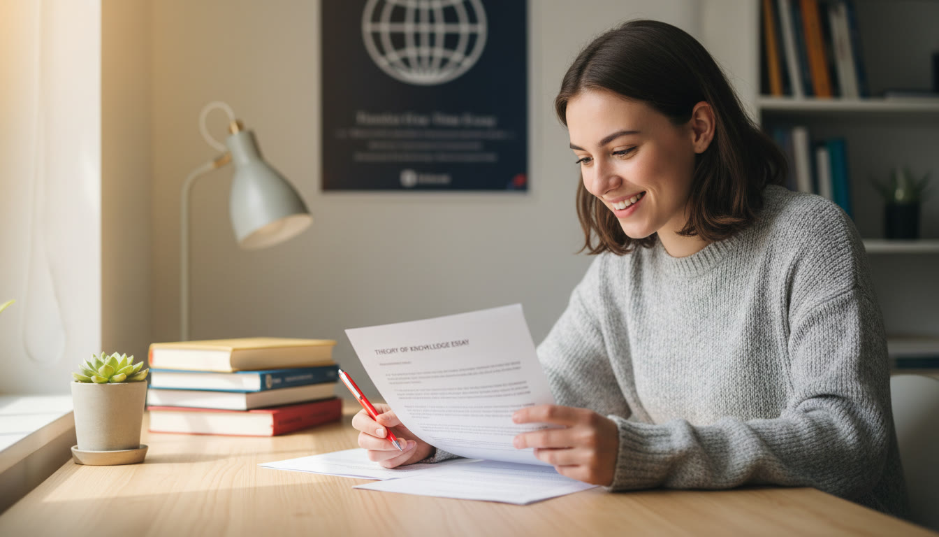 Photo Idea : A student at a tidy desk reading a printed TOK essay with a red pen in hand