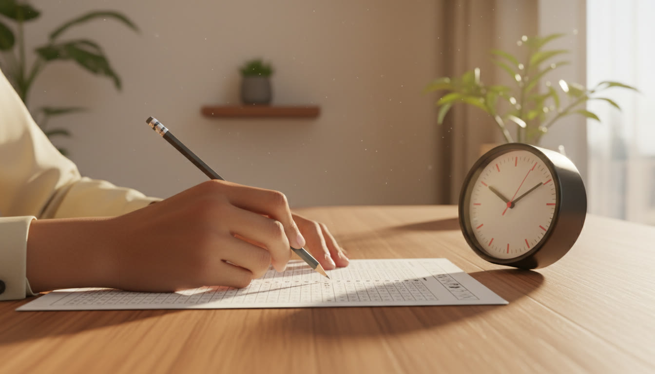 Photo Idea : Close-up of hands filling an OMR sheet with a pencil and a visible analog timer