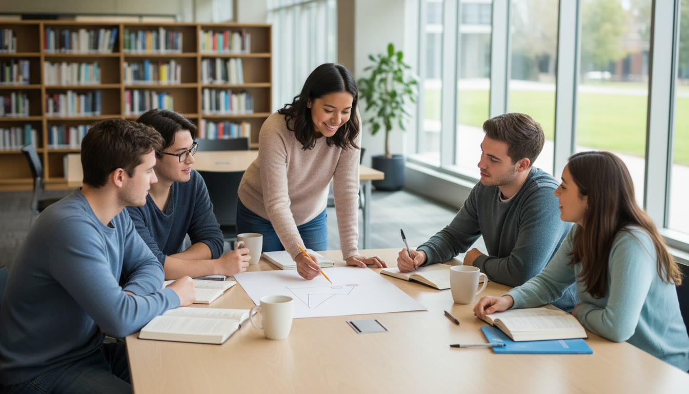 Photo Idea : a small group of students around a table, one explaining a graph on paper while others listen