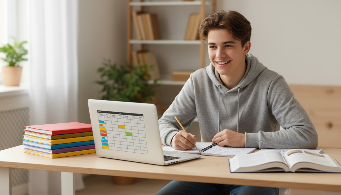 Photo Idea : A student at a tidy desk surrounded by color-coded notebooks, a laptop with a study timetable, and a half-completed problem set