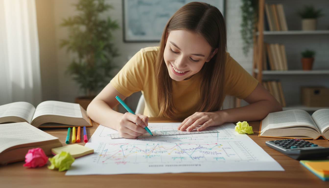 Photo Idea : Student annotating a printed graph with colored pens