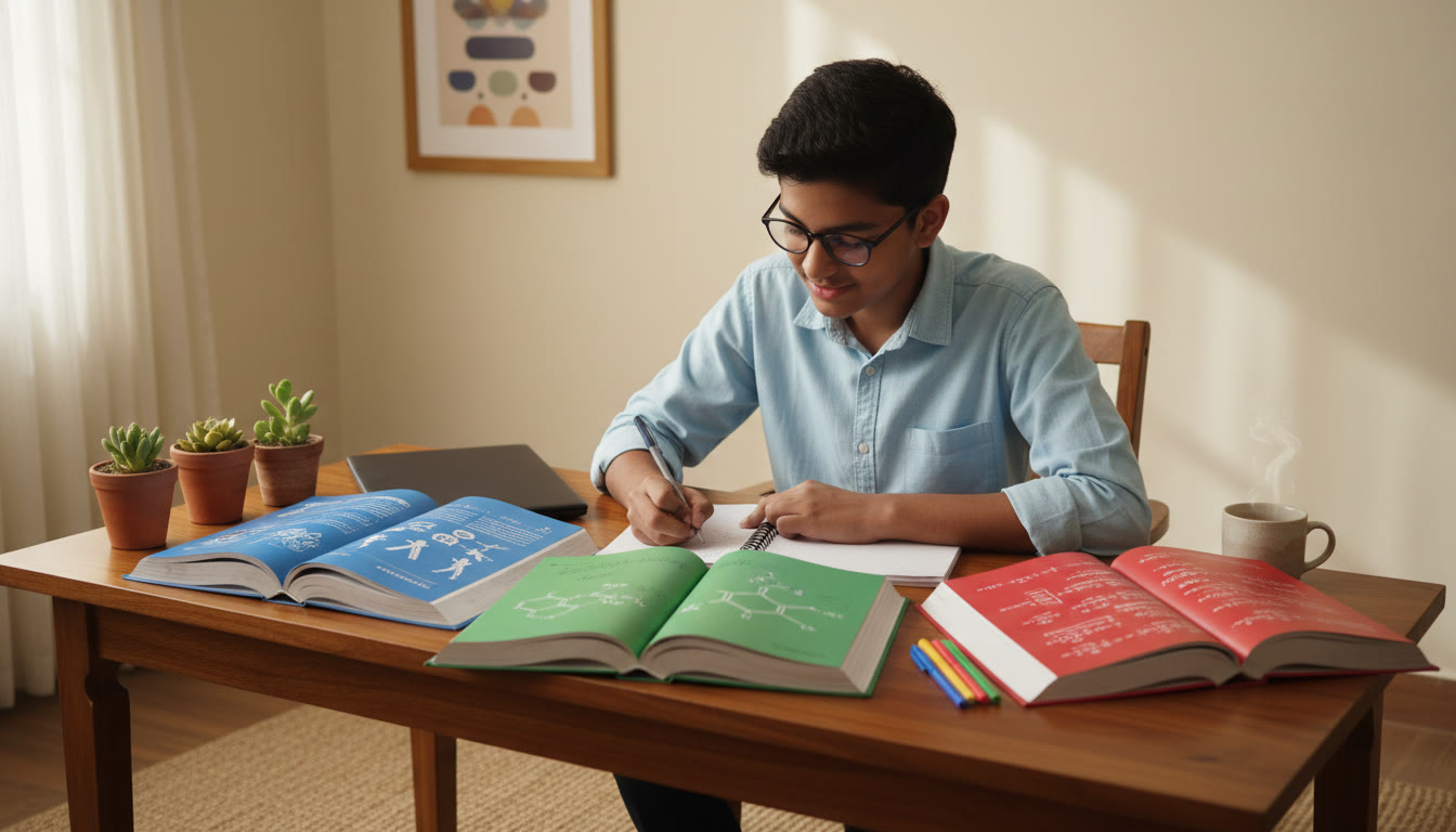 Photo Idea : student at a desk with open books for physics, chemistry, and mathematics, making neat handwritten notes