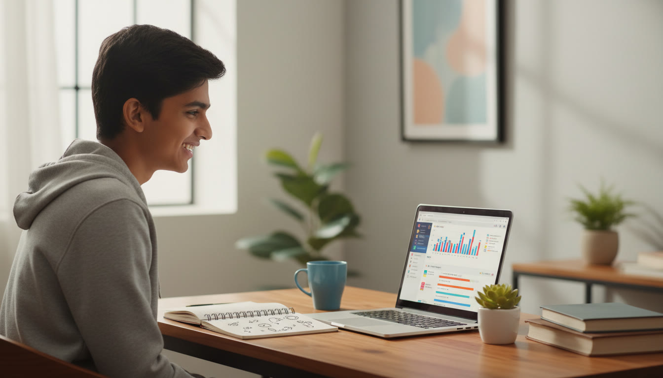 Photo Idea : Student at a study desk checking a laptop with a mock-test dashboard visible, open notebook and a coffee mug beside it