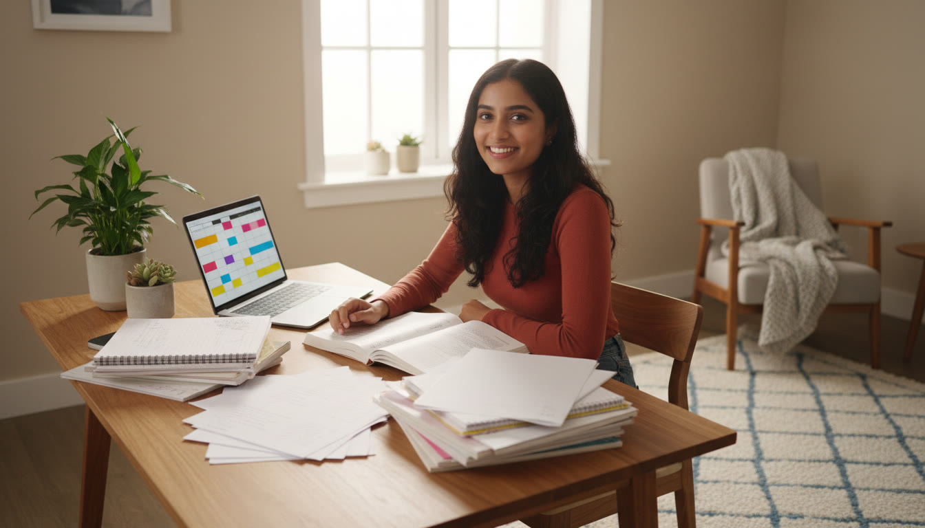 Photo Idea : Student at a neat study desk with open reference books, notes, and a laptop showing a timetable