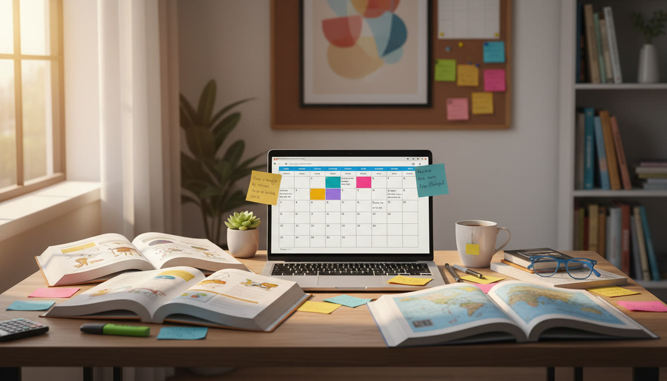 Photo Idea : A study desk with open IB textbooks, colorful notes, and a laptop showing a calendar