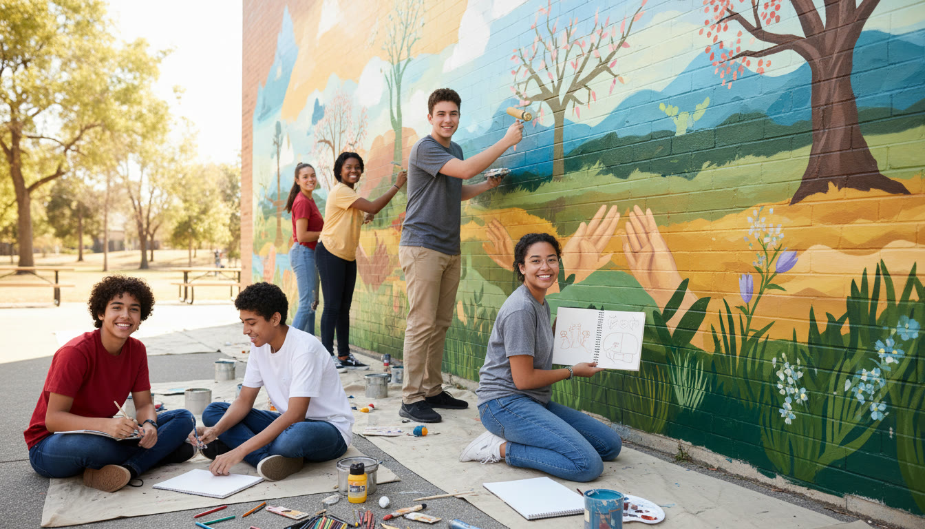 Photo Idea : students collaborating on a community-service mural with sketchbooks and paint