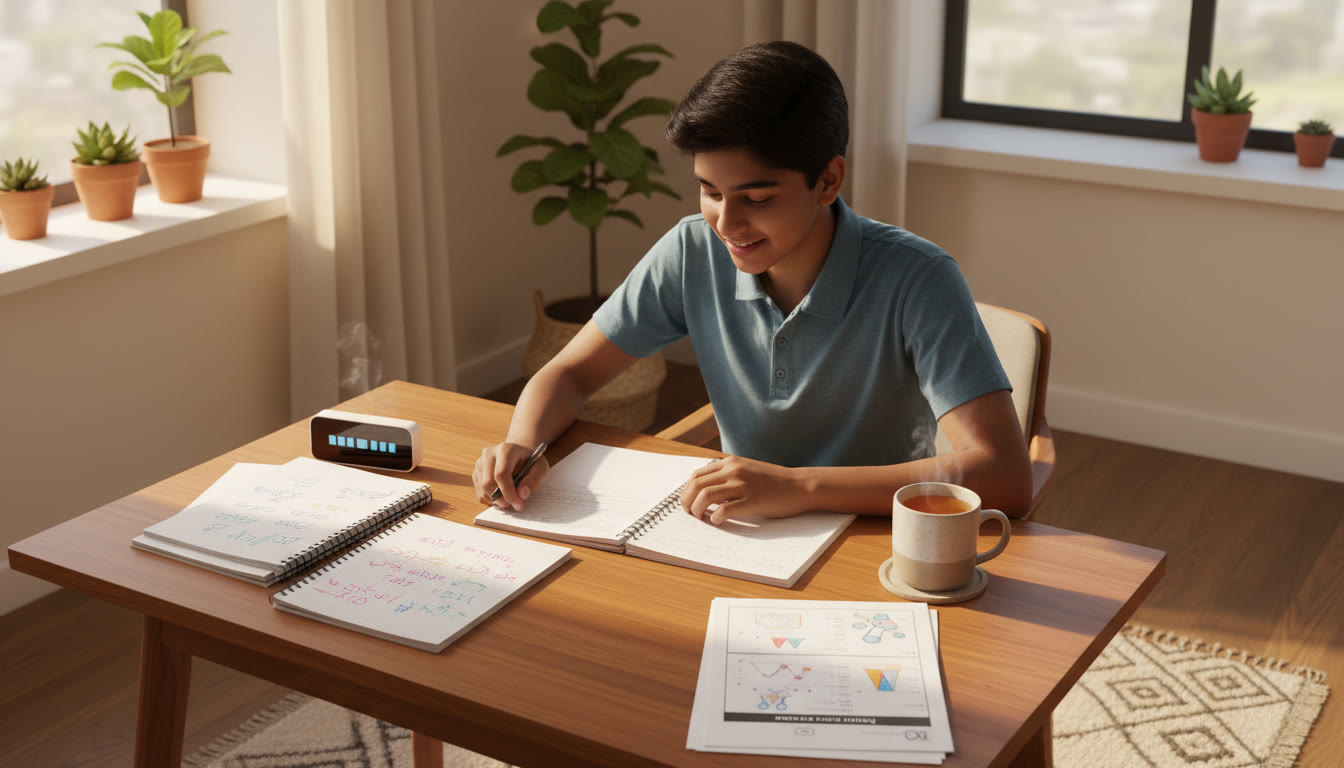 Photo Idea : A student at a desk with neatly organized notes, a mock test paper, a timer, and a cup of tea—calm, focused atmosphere.