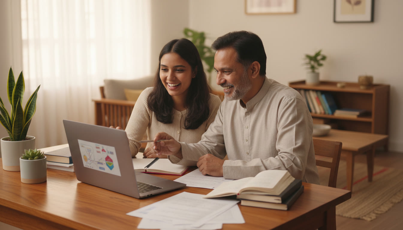 Photo Idea : A student studying with a tutor on a laptop, notes spread out, both smiling and pointing at a diagram