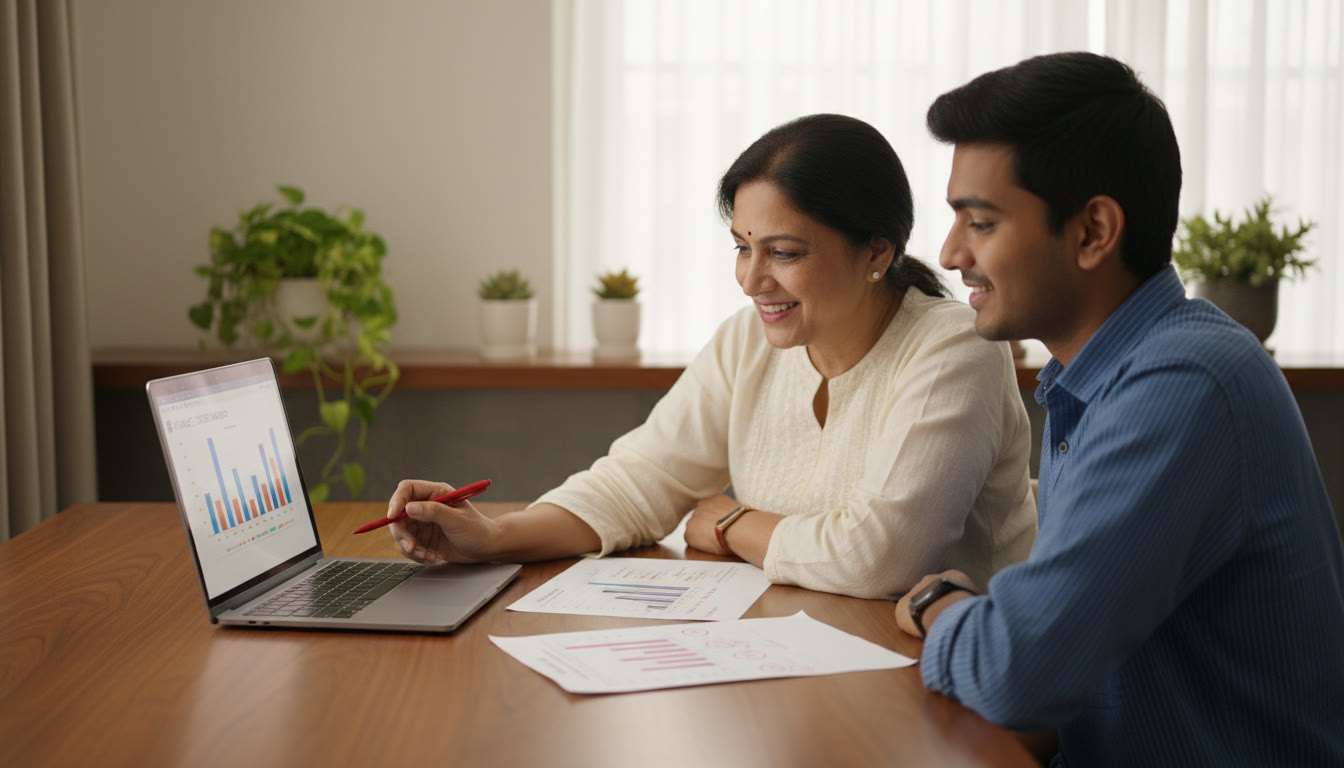Photo Idea : Student and mentor studying a mock test report on a laptop, red pen marking mistakes on printed paper