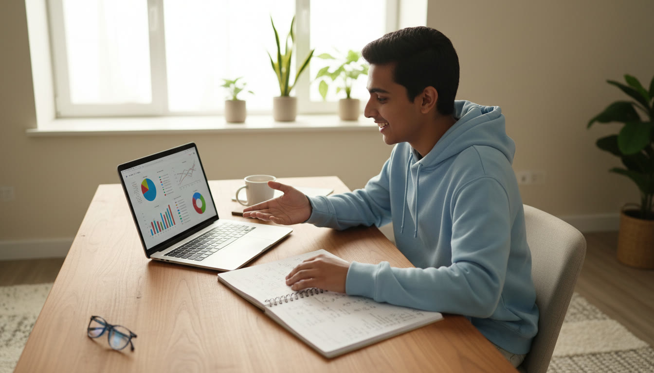 Photo Idea : Student analyzing a mock test on a laptop with a printed error-log beside them