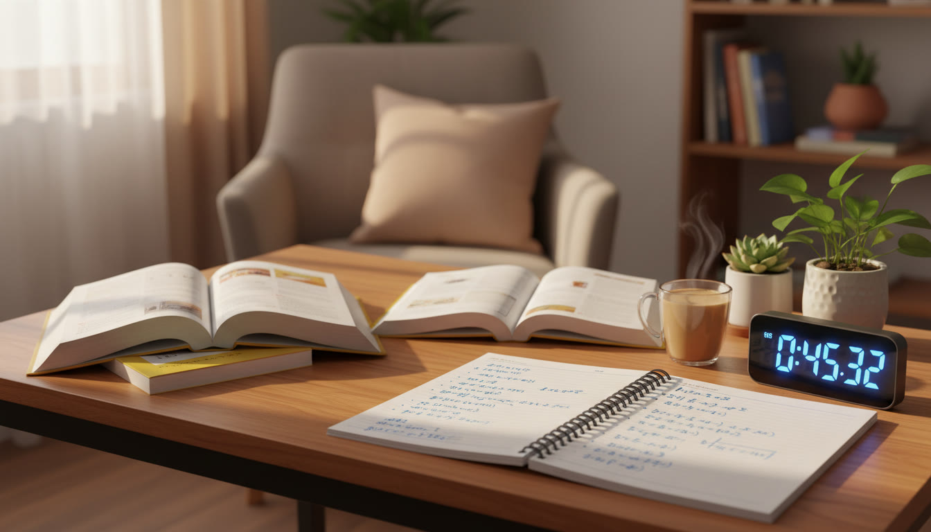 Photo Idea : A study desk with open textbooks, notebook full of handwritten notes, and a timer showing study session in progress