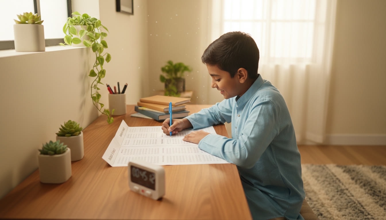 Photo Idea : Student marking answers in a full-length mock test, timer visible on desk