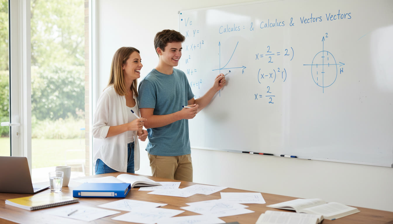 Photo Idea : A tutor and student working through a math problem on a whiteboard, papers with IB DP notes visible