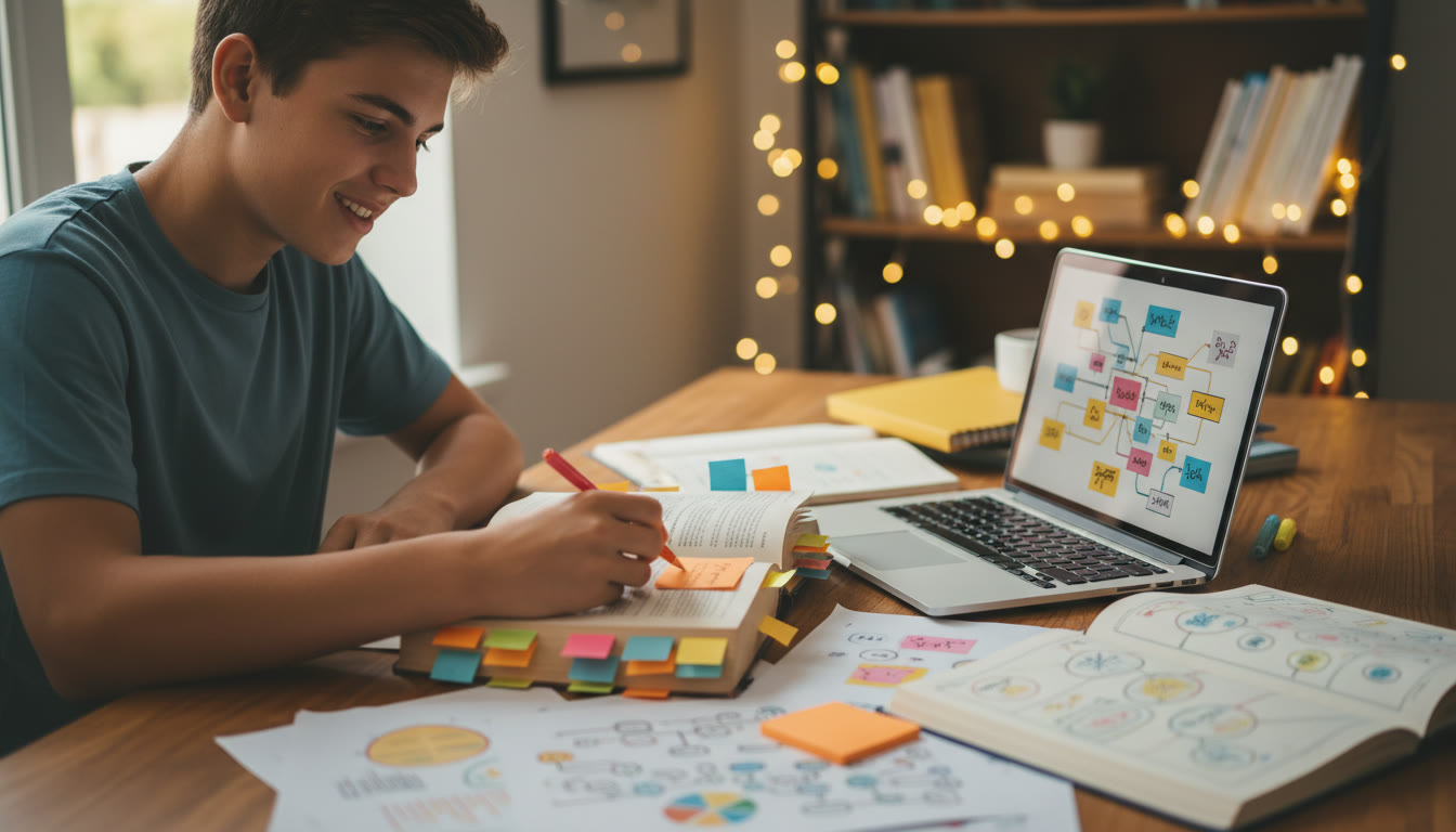 Photo Idea : A focused student annotating a novel with colorful sticky notes and a laptop open to notes