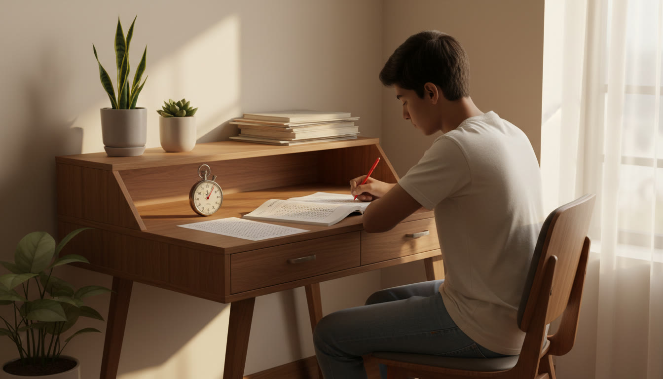 Photo Idea : A student taking a full-length mock test at a desk with a stopwatch, answer sheet, and focused posture
