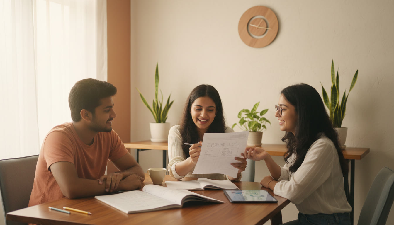 Photo Idea : A small group analysis session with a student reviewing a mock test paper, error log open, and a clock on the wall