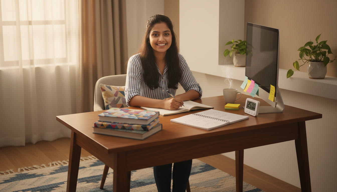 Photo Idea : Student at a tidy desk with textbooks, a notebook open, sticky notes, and a visible timer