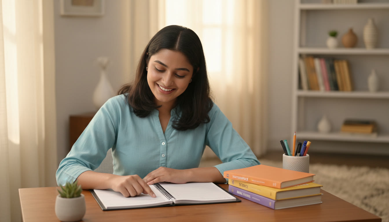 Photo Idea : A student with a planner and subject books on a desk