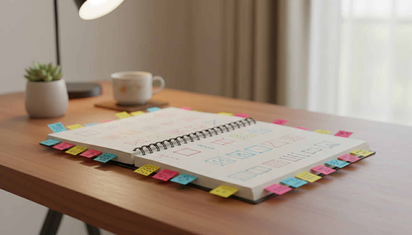 Photo Idea : Close-up of a neatly organized error log notebook with colored sticky notes