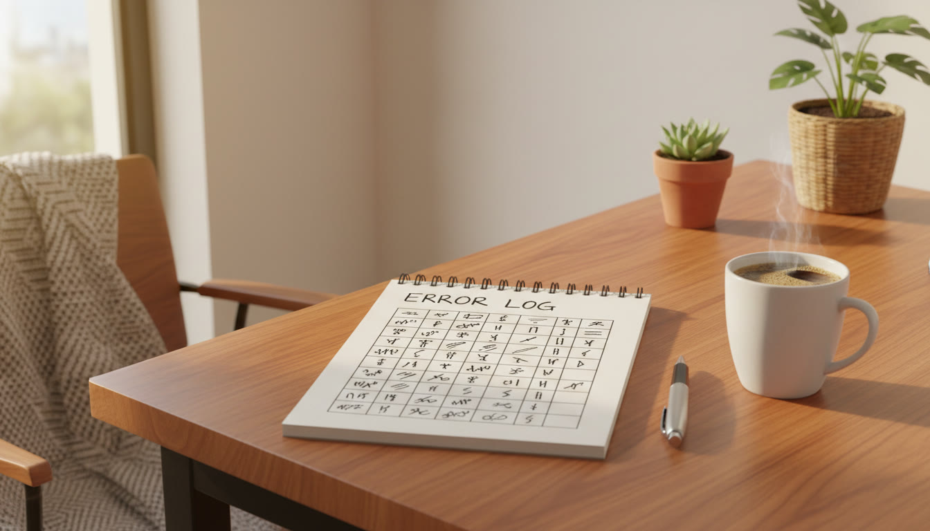 Photo Idea : Open notebook showing an error log table next to a pen and a cup of coffee