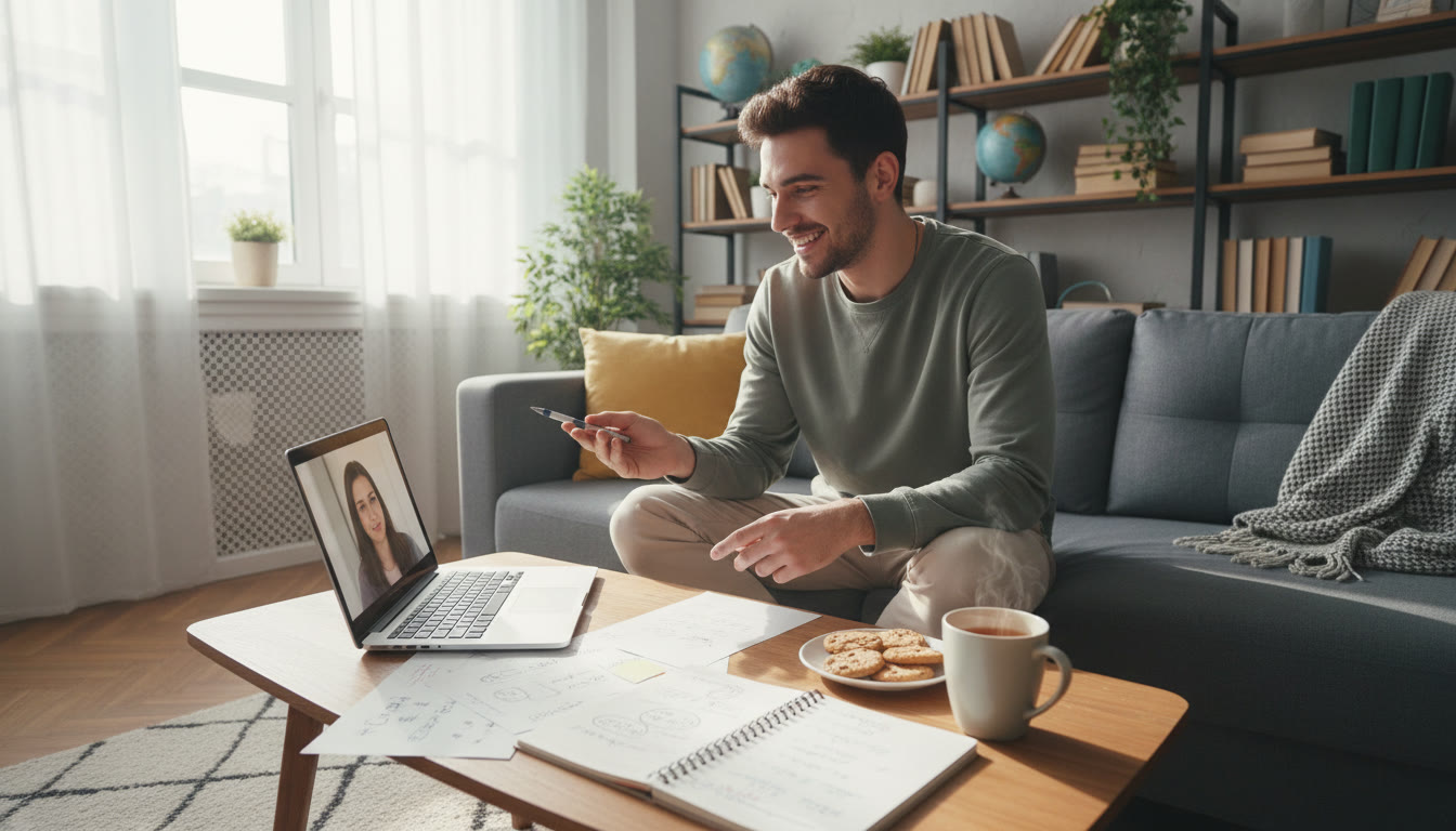 Photo Idea : Student practicing interview with a laptop, notes, and a cup of tea