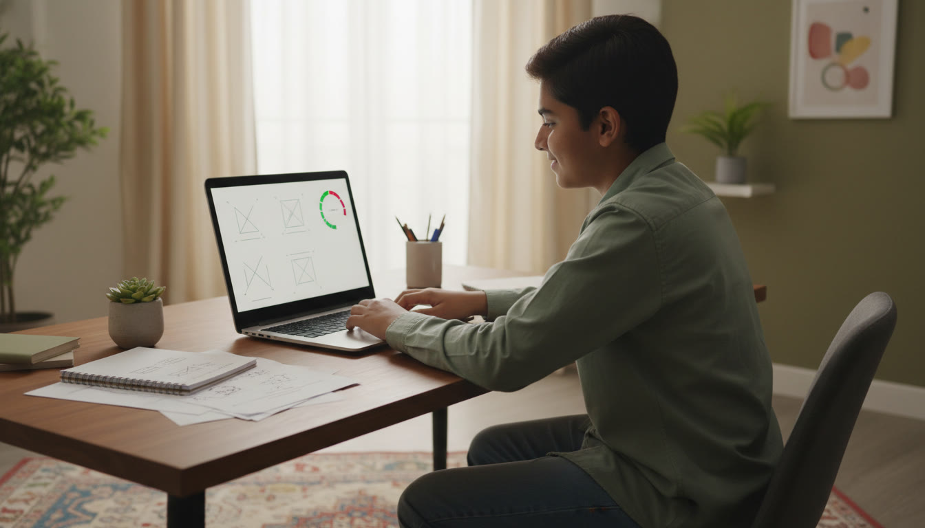 Photo Idea : A focused student at a desk taking an online mock test on a laptop with a timer visible and neatly arranged notes.